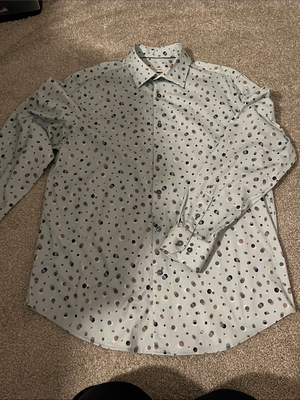Bugatchi Light Gray Dress Shirt with Navy and Tan Polka Dots